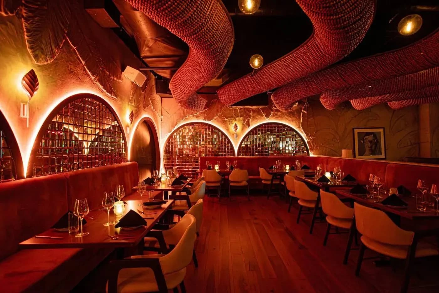 The upper dining room set for a seated dinner